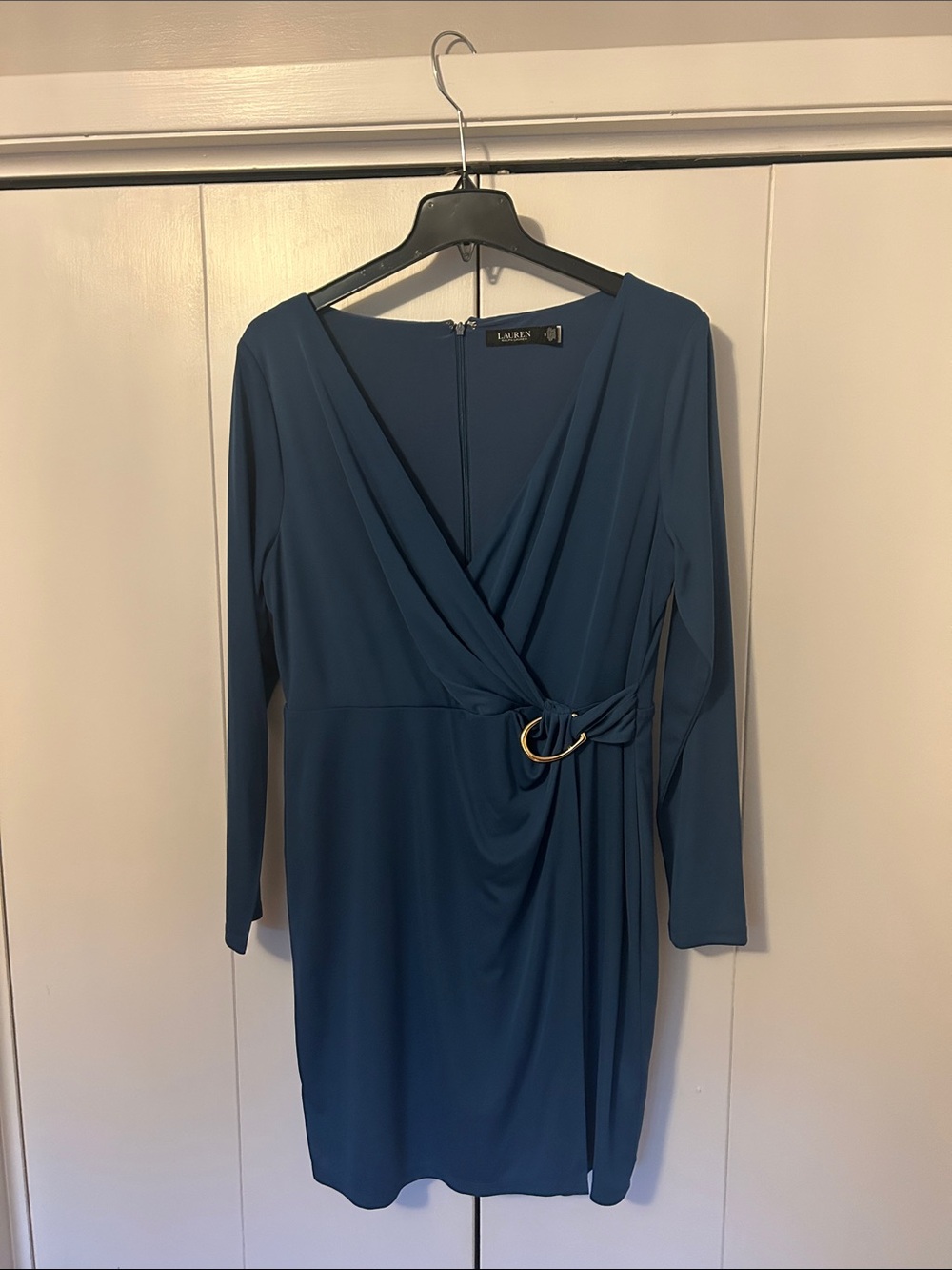 Ralph Lauren Teal-Blue Long-Sleeve Faux-Wrap Dress with Gold Ring